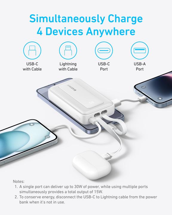 Image du produit Anker - Banque d'énergie (10K, 30W, câble Lightning USB-C intégré) B2C - UN Black (10000 mAh, 30 W, 30 Wh)