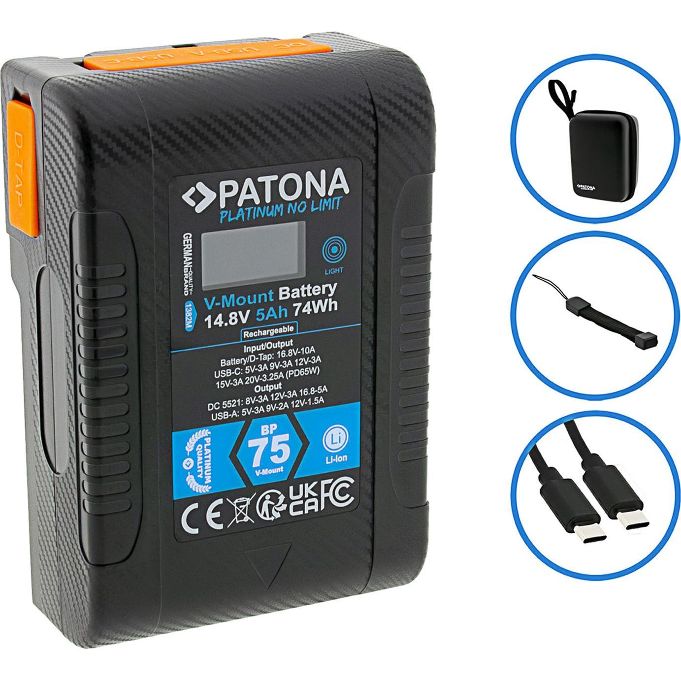 Patona Platinum V-Mount BP-75W (Batteria della fotocamera), Alimentatore fotocamera, Nero