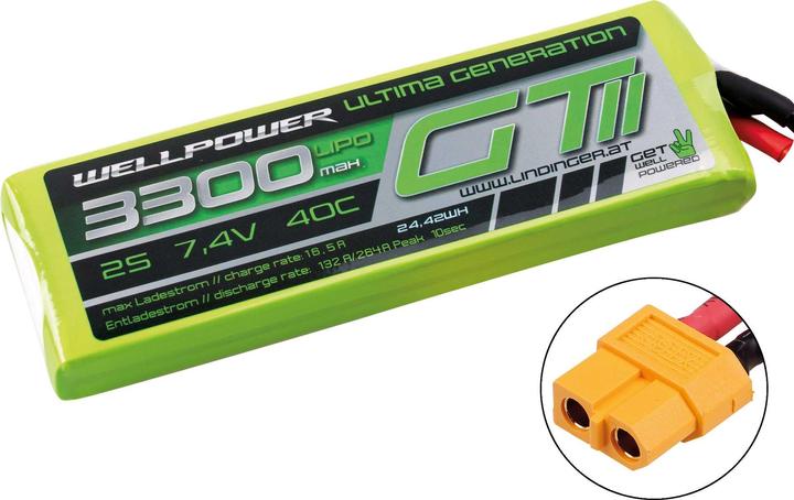 Actual product image Wellpower LIPO ULTIMA GT II rechargeable battery 3300 mAh / 7.4 Volt 2S 40/80C CH5/8 XT-60 (7.40 V, 3300 mAh)