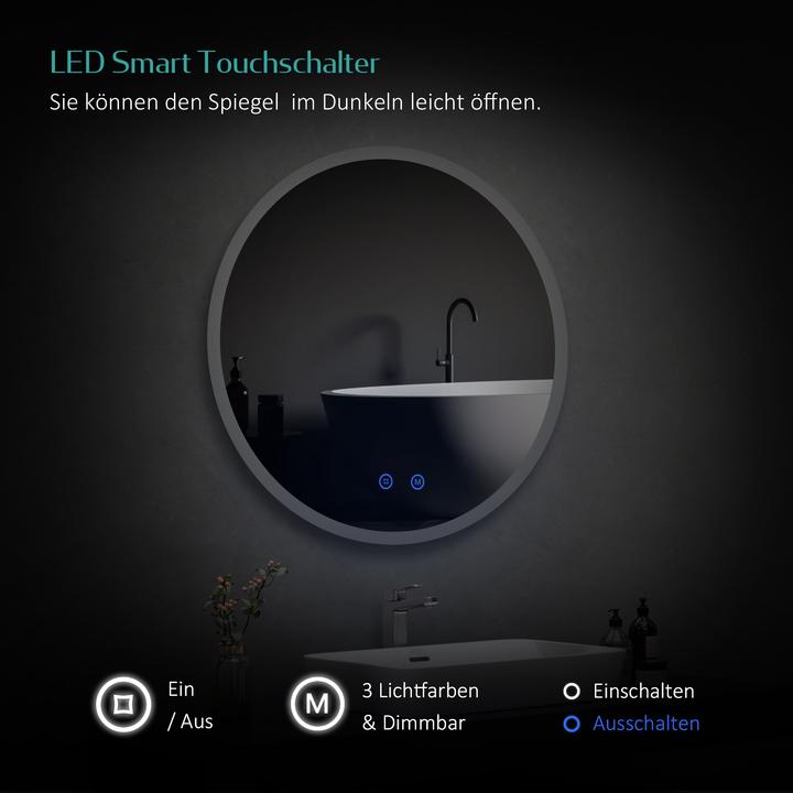 Actual product image Emke Bathroom Mirror With Lighting Φ60cm,Fog-Free, 3 Colour Temperatures (3000K-6500K)&Dimmable