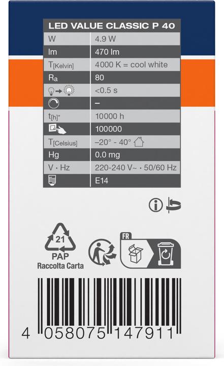 Valori nutrizionali e ingredienti Osram Lampada LED Value Classic (E14, 4.90 W, 470 lm, 10 x, F)