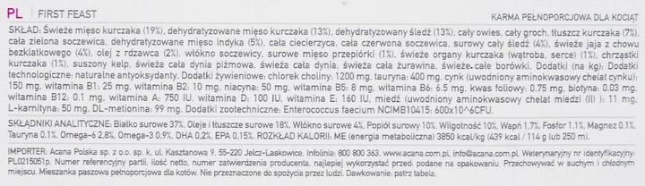 Nährwerte und Zutaten Acana Kitten First Feast (Junior, 1 Stk., 1800 g)
