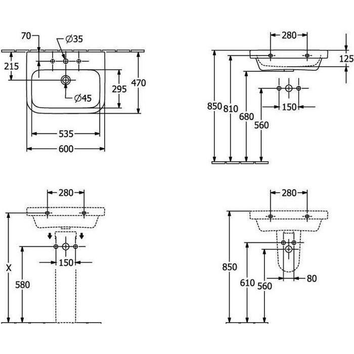 Thumbnail - Villeroy & Boch, Waschbecken, Waschtisch Architectura 60 cm wei mit Beschichtung 418860R1 (470 mm, 600 mm)