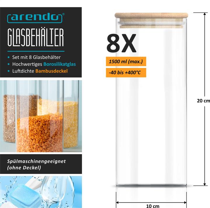 Produktbild Arendo 8x 1,5 L Vorratsgläser, Glasbehälter 8er Set, Borosilikatglas + Bambusdeckel, Vorratsdosen luftdicht (1.50 l)