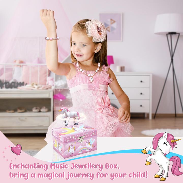 Produktbild Only-Bags.Store Schmuckkästchen mit Spieluhr mit Einhorn-Schmuckset, Kinderschmuckkästchen Spieluhr mit drehender
