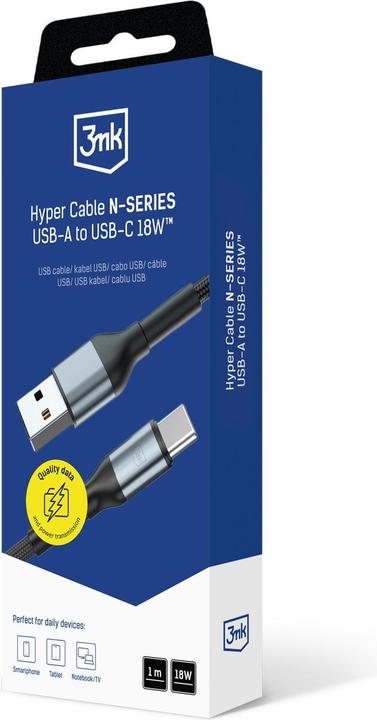 Image du produit 3MK Kabel Hyper Cable N-SERIES USB-A do USB-C 1m 9V/2A 18W czarny (1 m, USB 2.0, 18 W)