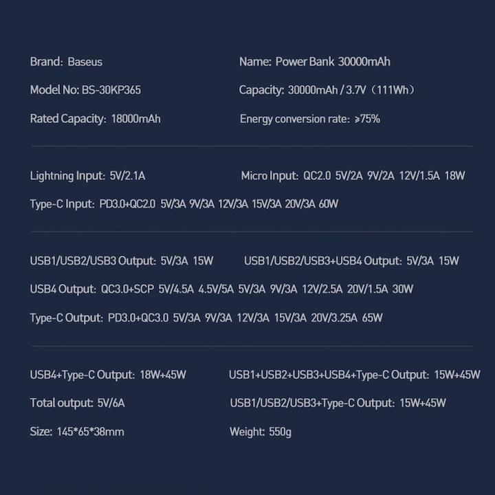 Produktbild Baseus Xiaobai Series (30000 mAh, 65 W, 111 Wh)