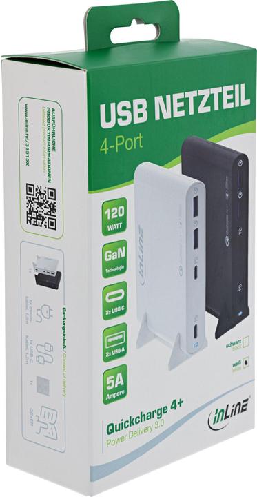 Immagine prodotto InLine Alimentatore USB, caricatore GaN, 4 porte, doppio USB-C + doppio USB-A, 120W, nero (120 W)