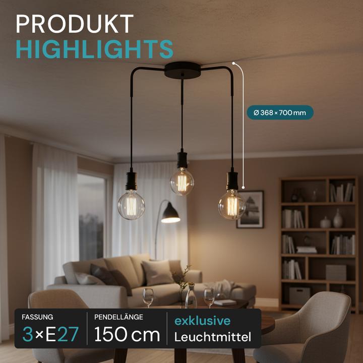 Produktbild Luxula Pendelleuchte Industrial 3 flammig, für 3 x E27, Metall, 1,5 m Textilkabel, schwarz (E27)