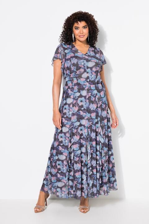 Produktbild Ulla Popken Mesh-Abendkleid, Blüten, V-Ausschnitt, Flügel-Halbarm (42, 44)