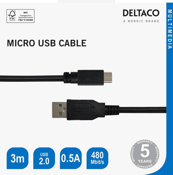 Produktbild Deltaco USB 2.0 Micro B cable, 2.4A, 3m black (3 m, USB 2.0)