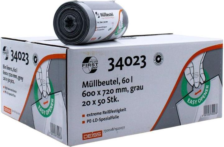 Produktbild Deiss Müllbeutel PCR First Plus 60l grau (50x, 60 l)