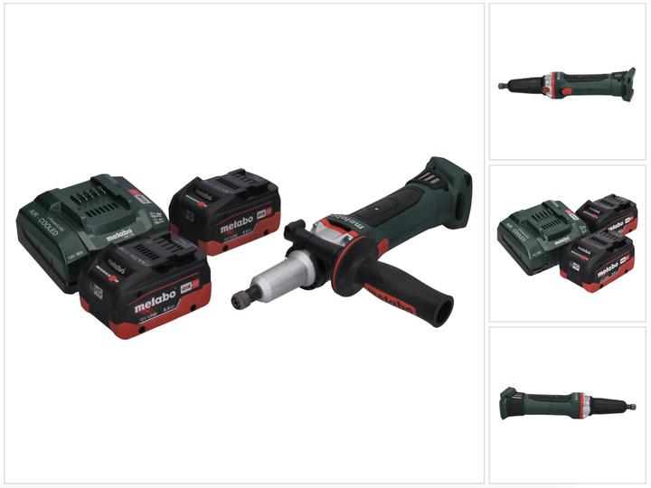 1x Metabo GA 18 LTX G Akku Geradschleifer, 1x Spannzange 6 mm, 1x Zusatzhandgriff, 1x Staubschutzfilter, 2x Metabo LiHD Akkupack 18 V 8,0 Ah Akku (625369000), 1x Metabo ASC 145 Ladegerät (627378000)