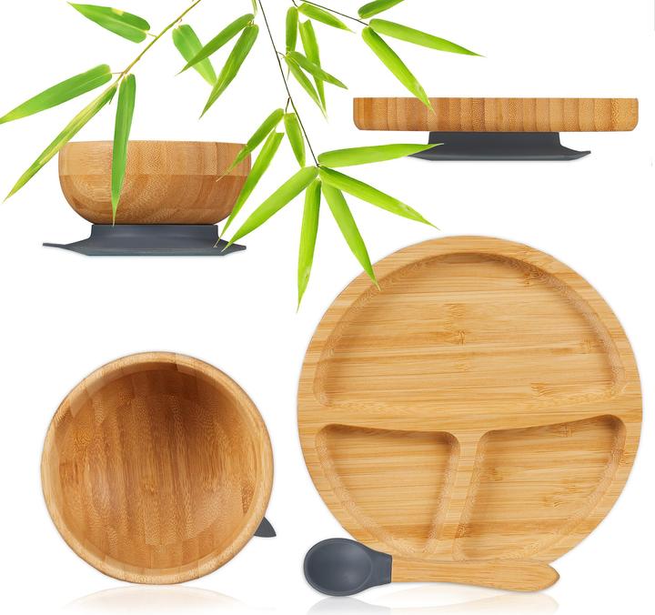 Relaxdays - 3-teiliges Kindergeschirr Bambus, Hellbraun/ Grau, 3 x 18 cm