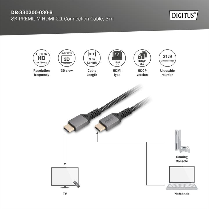 Productafbeelding Digitus 8K HDMI Ultra Hoge Snelheids Verbindingskabel (3 m, HDMI, 2.1)