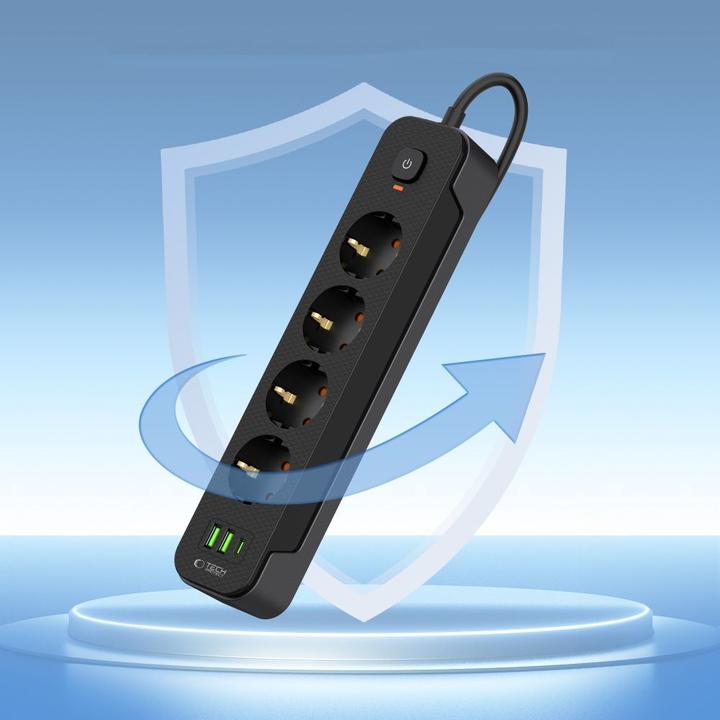 Actual product image Tech-Protect PCL4X3 Power Strip 4 Sockets 240V + 2xUSB-A + 1xUSB-C 200 cm - Black (4 x, USB-A, 2 m)
