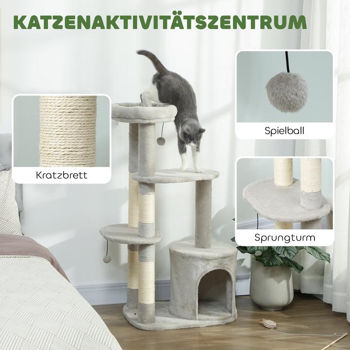 Produktbild PawHut Kratzbaum Spanplatte, Polyester Hellgrau (114 cm, Hellgrau)