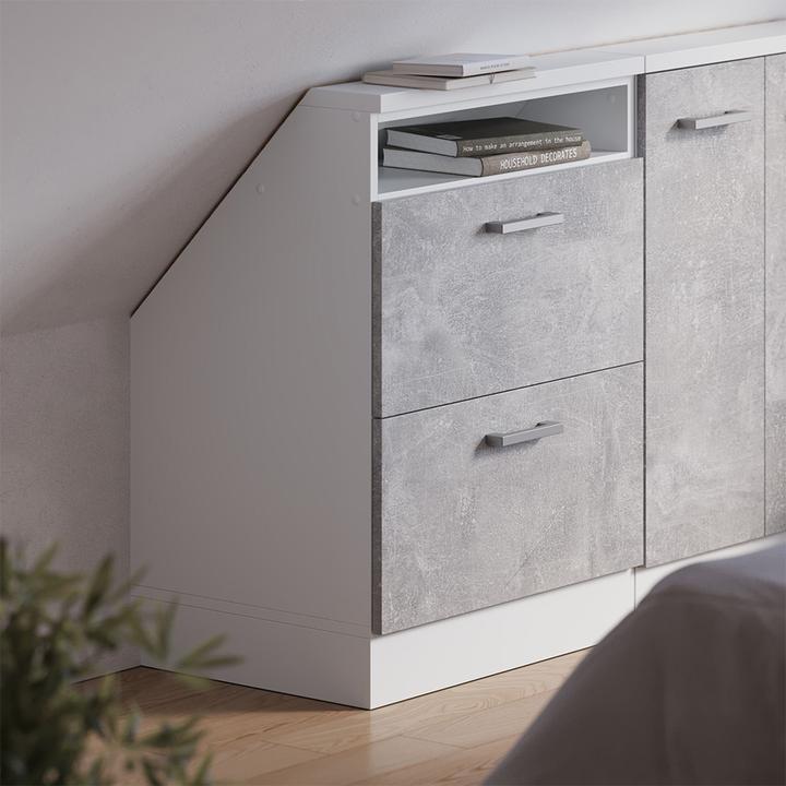 Produktbild Vichy Dachschrägenschrank Rion, Beton/Weiss/Weiss, mit 2 Schubladen (46 x 60 x 81.60 cm)