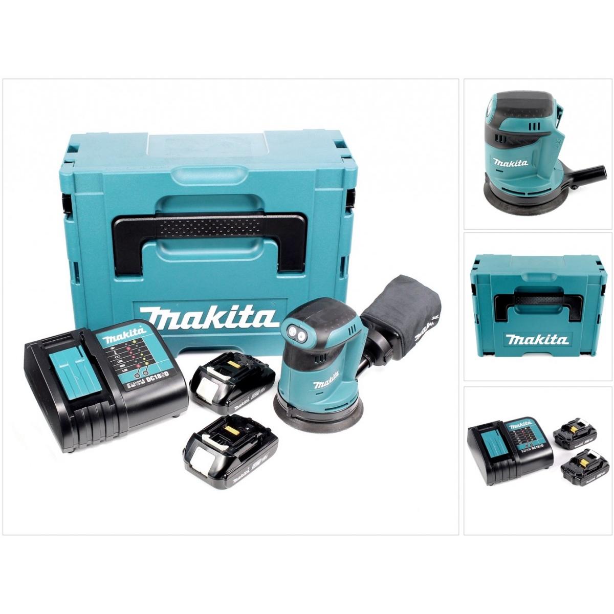 Makita, Schleifmaschine + Poliermaschine, DBO 180 SAJ Akku Exzenterschleifer 18 V 125 mm + 2x Akku 2,0 Ah + Ladegerät + ...