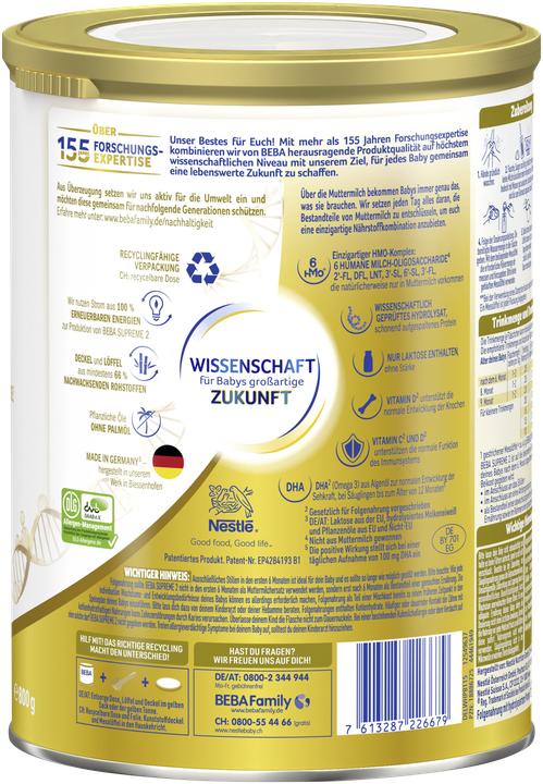 Nutritional values and ingredients Beba Supreme 2 Plv (800 g, from 6 m.)