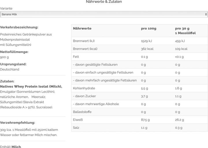 Nutritional values and ingredients Vast Sports AWhey - 100% Whey Protein Isolate, 900 g can (Banana Milk, 1 x, 900 g)
