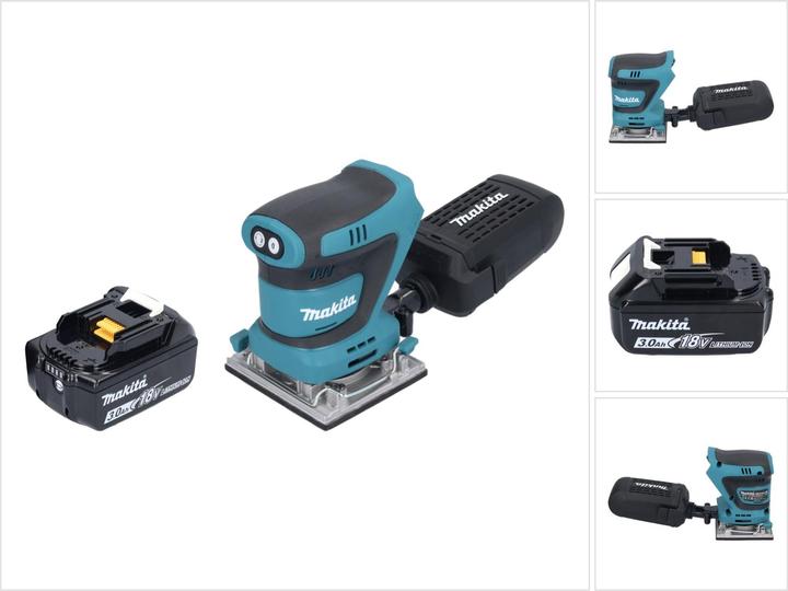 1x Makita DBO 484 Akku Schwingschleifer, 1x Staubbox kpl. (135246-0), 1x Staubsack Papier (194746-9), 1x Lochungsplatte (450066-4), 1x Makita BL 1830 B 18 V 3,0 Ah Akku