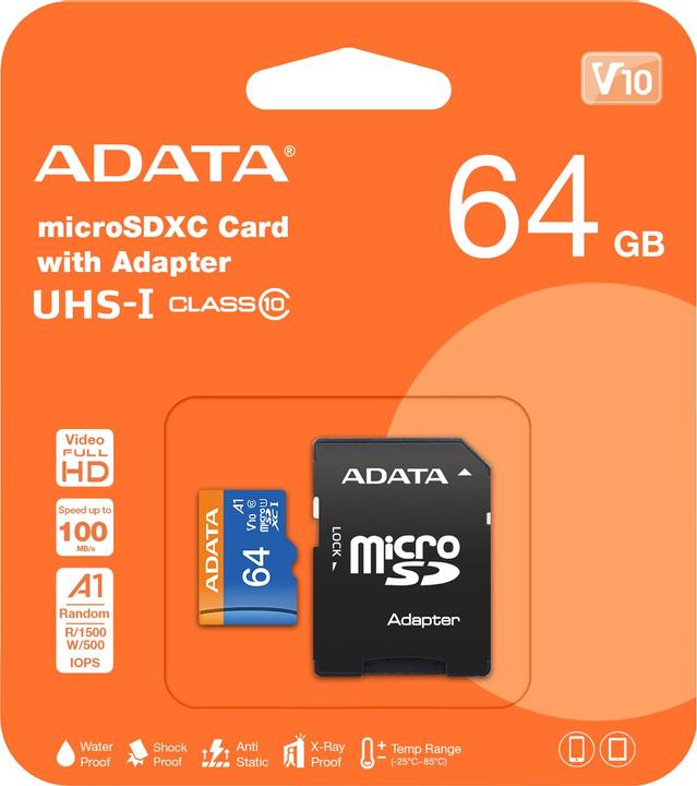 Image du produit Adata Carte mémoire flash Premier (adaptateur microSDXC vers SD inclus) (64 Go, microSDXC, U1, UHS-I)