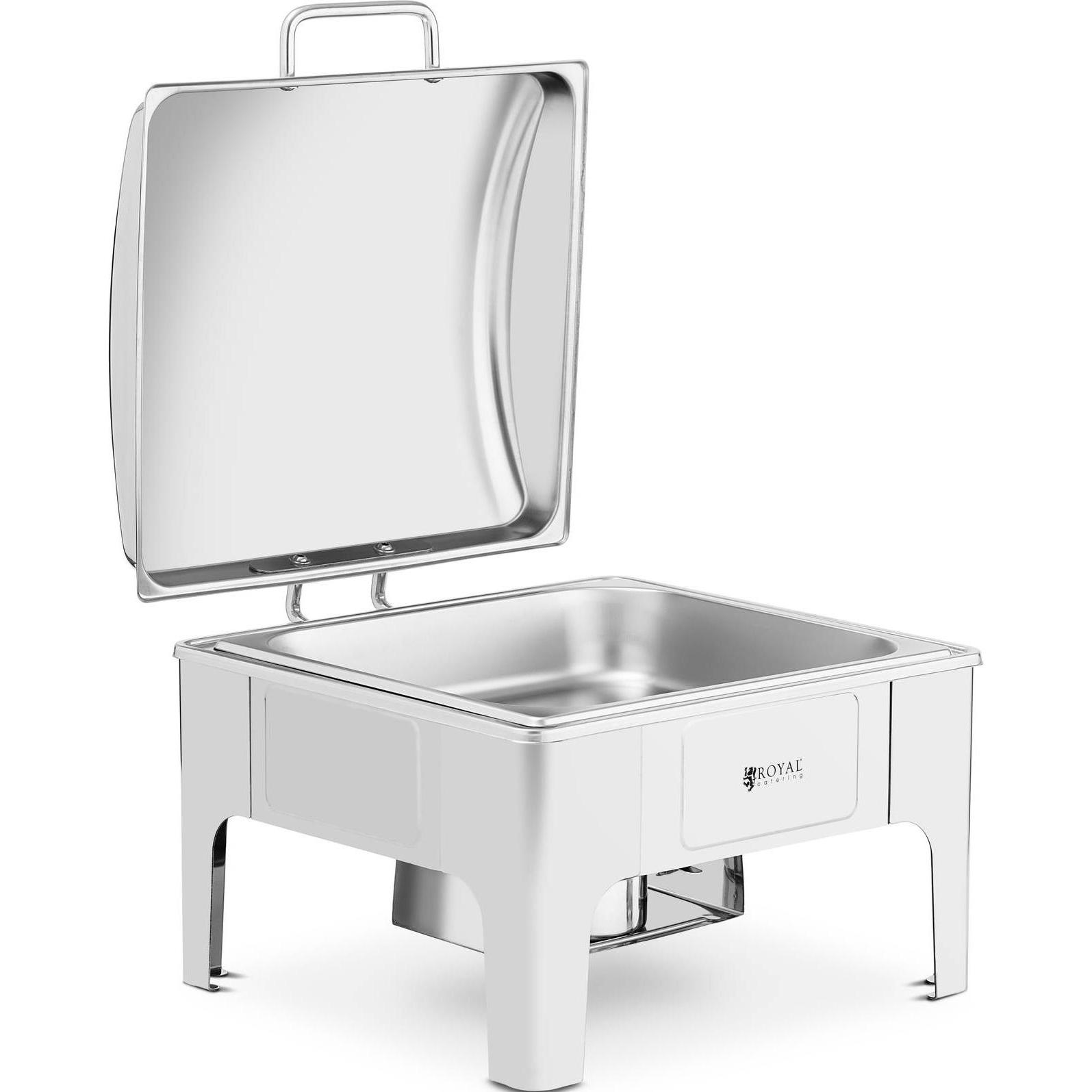 Royal Catering Chafing Dish Warmhaltebehälter Rechaud GN 2/3 5,3 L 1 Brennstoffzelle halbrund, Warmhalteplatte, Silber