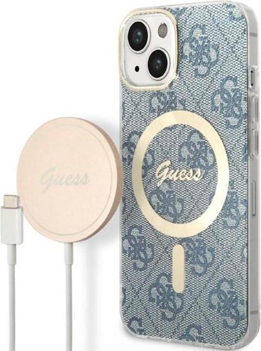 Image du produit Guess Zestaw GUBPP14SH4EACSB Etui+ chargeur iPhone 14 6,1" niebieski/blue hard case 4G Print MagSafe (Apple iPhone 14, Apple iPhone 13)
