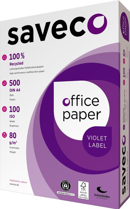 Actual product image Saveco Copy paper white A4 80g ISO 100 recycled paper Violet 500 sheets/pack. (80 g/m², 500 x, A4)
