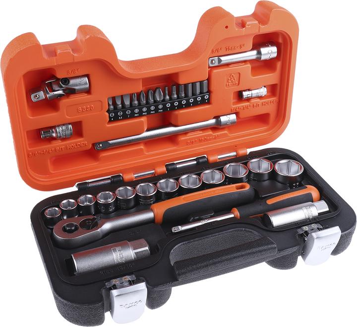 Produktbild Bahco 1/4"- und 3/8"-Steckschlüssel-Satz, metrisch, Sechskant, inklusive Umschaltknarre - 34-teilig