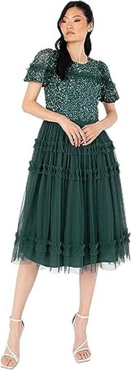 Maya Deluxe Abito midi con paillettes e ruches, maniche corte, per matrimoni e occasioni (34, 36, 38, 40, 42, 44, 46, 48, 50, 52, 54)