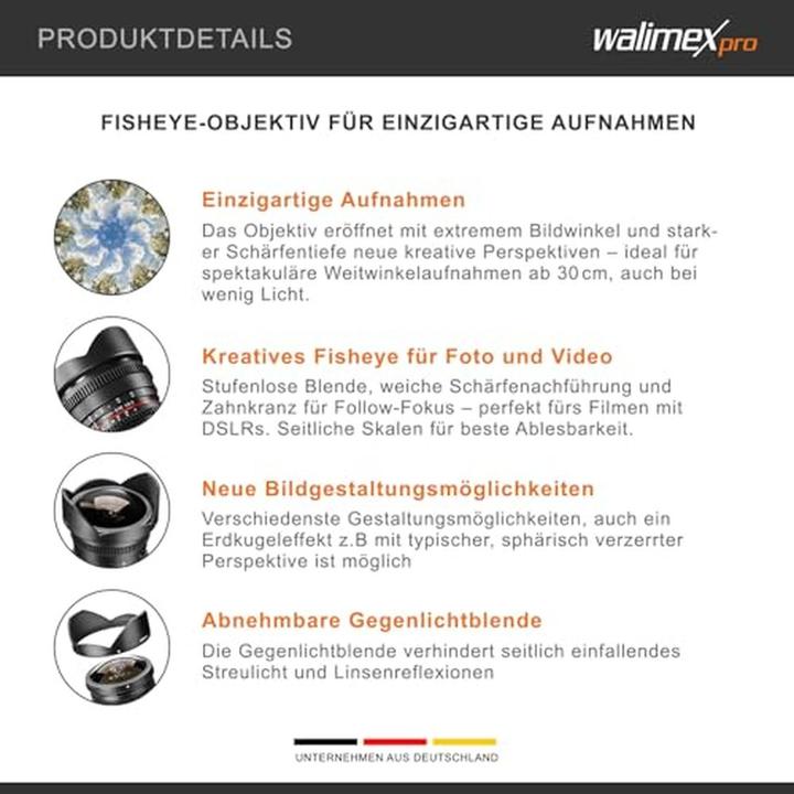 Produktbild Walimex pro Pro Objektiv 8mm, f/3.5 II VDSLR Fisheye, Nikon (Nikon F, APS-C / DX, Micro Four Thirds)