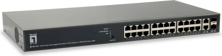 LevelOne 24 x RJ-45 PoE, 2 x RJ-45/SFP, RAM, Flash, 100-240 VAC (24 ports)