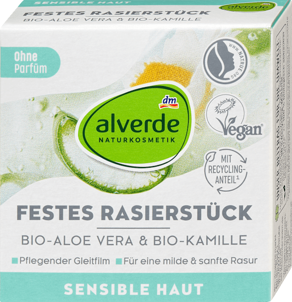 Actual product image dm alverde Solid organic aloe vera, organic camomile