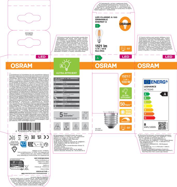 Immagine prodotto Osram LED-Lampe Classic, dimmbar, E27, 7,2 W, 2700 K, EEK: A, 1521 lm, warmweiss (E27, 7.20 W, 1521 lm, 6 x, A)