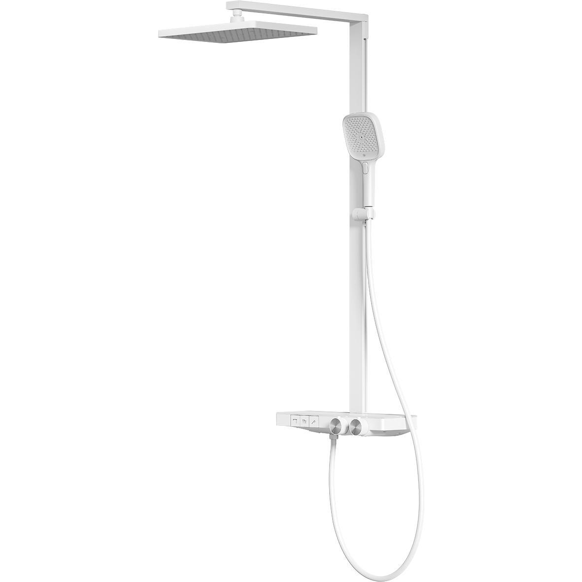 Emke, Duschsystem, Duschsystem mit Thermostat Mattweiß Durchflussmenge einstellbar 4-Strahl-Handbrause inkl. Duschstang
