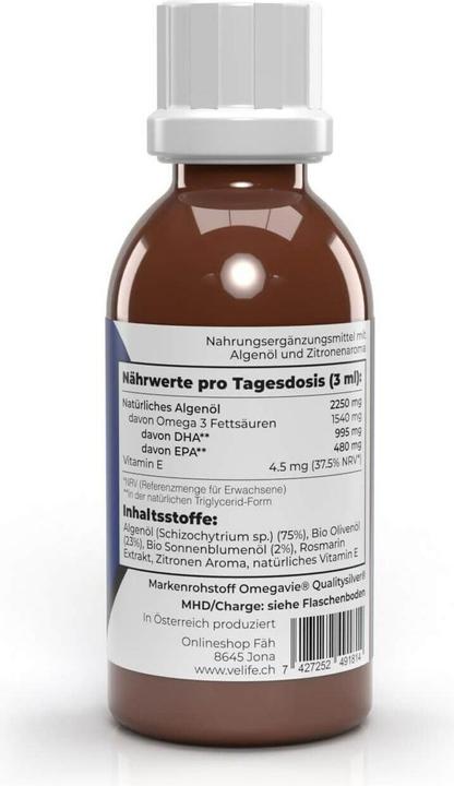 Valori nutrizionali e ingredienti VeLife Olio di alghe Omega 3 vegan 100 ml (1 pz., Liquido, 170 g)