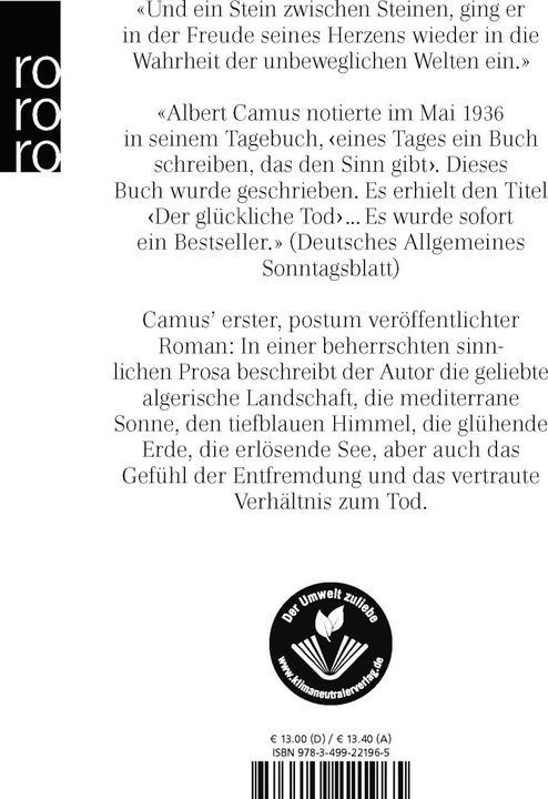 Produktbild Der glückliche Tod (Deutsch, Albert Camus, Gertrude Harlass, Eva Rechel-Mertens, Jean Sarocchi, 1997)