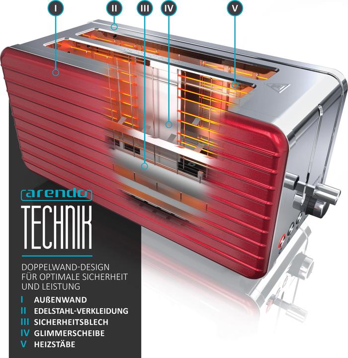 Produktbild Arendo Toaster Langschlitz für 4 Scheiben, 1500 W, Edelstahl, Brötchenaufsatz, DESAYUNO