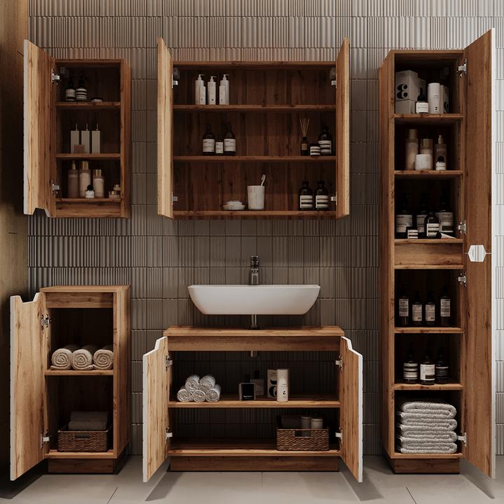 Actual product image Vicco Waschbeckenunterschrank Lotta, Eiche/Weiss mit Kachelstruktur, 79.6 x 62.1 cm mit 2 Türen (79.60 x 32 x 62.10 cm)