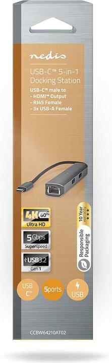 Produktbild Nedis USB Multi-Port Adapter USB 3.2 Gen 1, USB-C™ Male, HDMI™ Female, RJ45 Female, 3x USB-A Female (USB-C, 5 Ports)