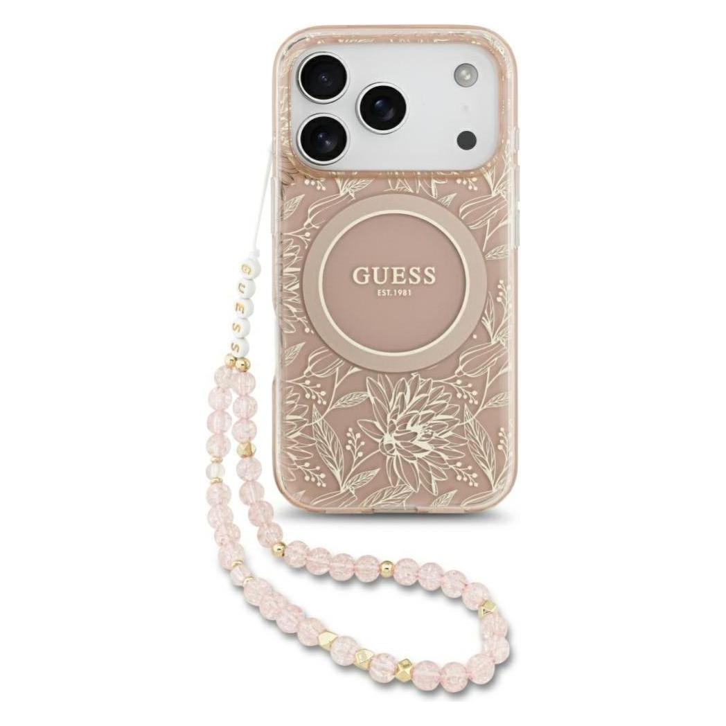 Guess Case Magsafe Iml Case Flowers Electroplated Allover With Beads Strap For IPhone 17 Pro Pink (Apple IPhone 17 Pro), Smartphone Hülle, Pink