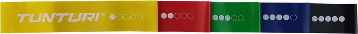 Produktbild Tunturi Mini Resistance Band Set 5 Stück - 5 Gummi Gymnastikbänder mit Netztasche (0.50 m, Extra Leicht, Leicht, Mittel, Stark, Extra Stark)