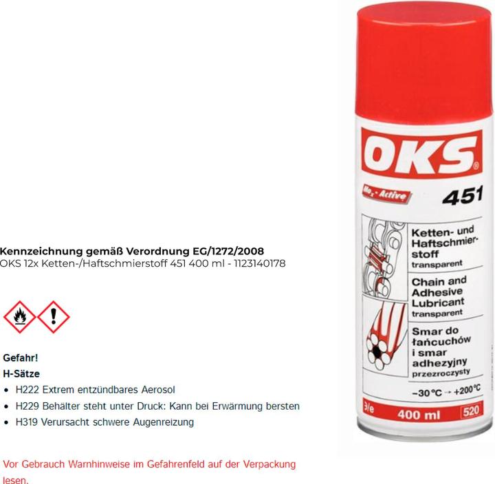 Immagine prodotto Oks Lubrificante per catene e adesivi 451 bomboletta spray resistente all'acqua 400ml (400 ml)