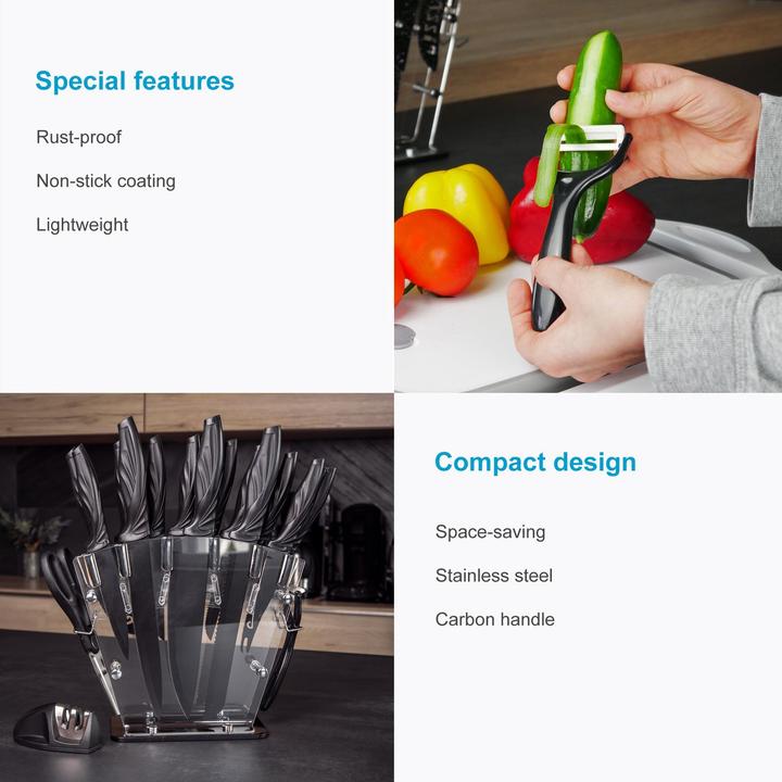 Actual product image Intirilife 17-piece set kitchen knives with knife block