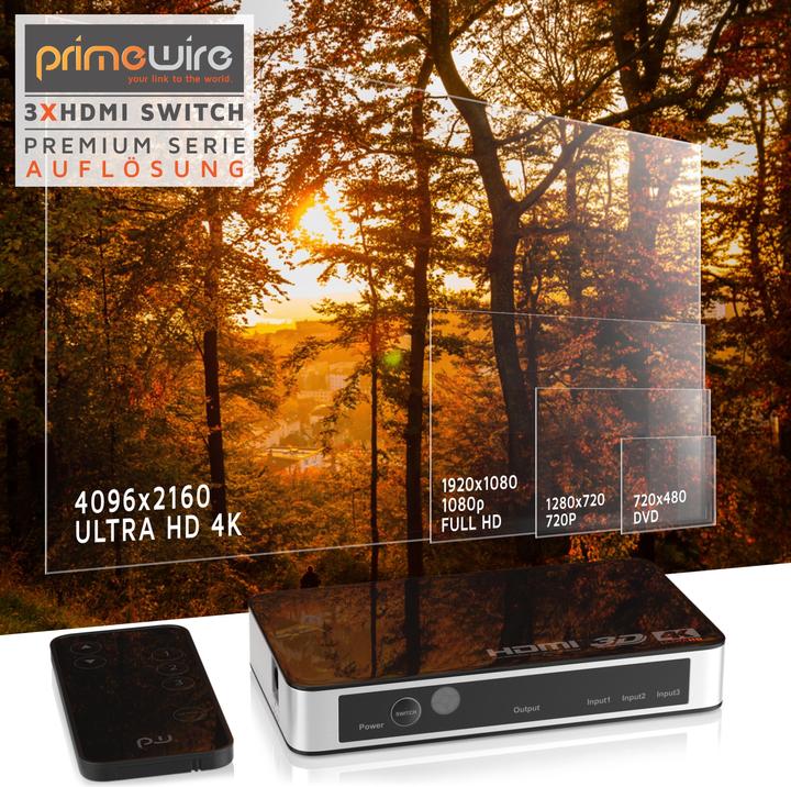 Actual product image Primewire HDMI Switch 4k Ultra HD, 3 Port, Distributor with Remote Control, 4K, 3D, CEC, ARC