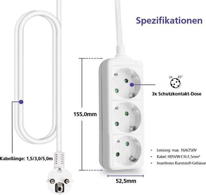 Produktbild Helos Steckdosenleiste CLASSIC, 3-fach, weiss, 3,0m, ohne Schalter (3 x, 3 m)