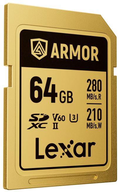 Immagine prodotto Lexar SDXC Pro Gold Series ARMOR UHS-II 64GB V60 IP68 Stainless Steel R280/W210MB/s (64 GB, SDXC, U3, UHS-II)