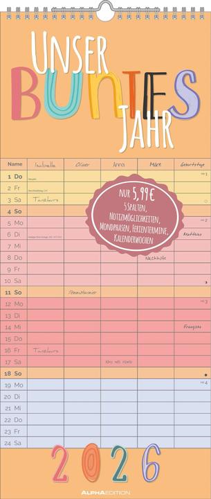 Produktbild UnserbuntesJahr2026Familienplaner-Terminkalender-Familienkalender-19,5 (19,5 x 45 cm)